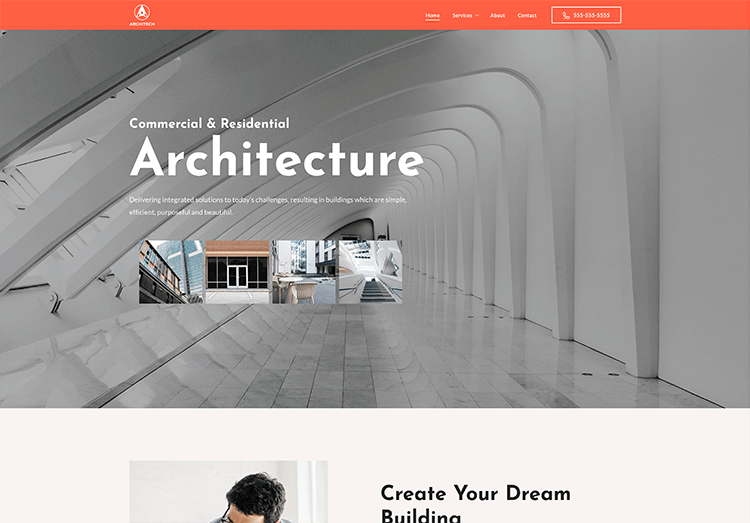 Modern architecture website design showcasing buildings