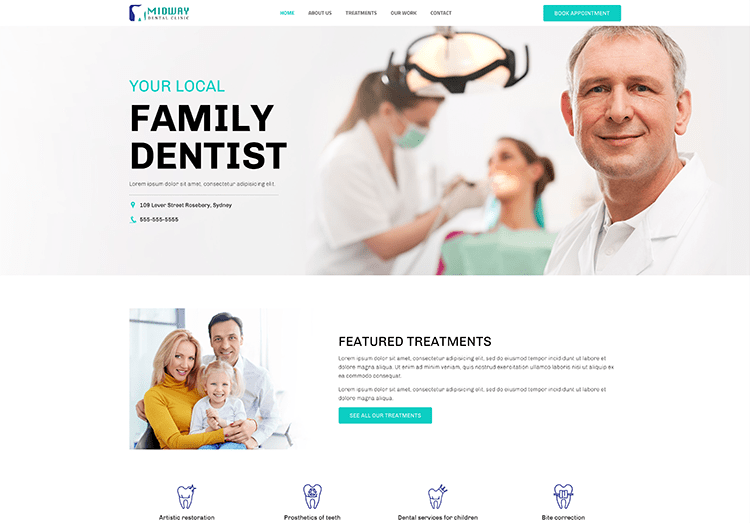 Smiling family dentist clinic website homepage