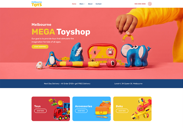 Colourful Melbourne toyshop homepage with playful toys