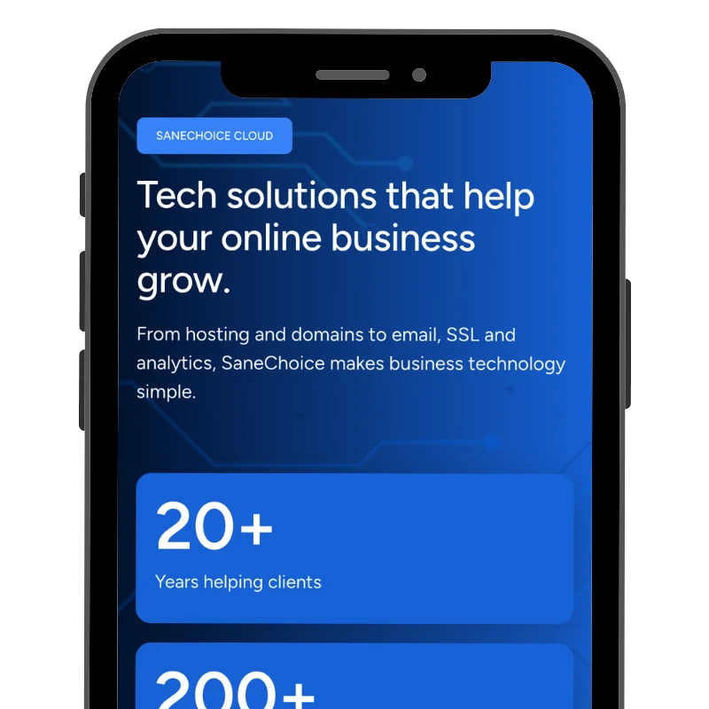 Mobile screen showing SaneChoice Cloud tech services advert